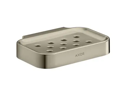 Seifenschale in poliertem Nickel von AXOR mit einer flachen Oberseite und Löchern, die eine Ablauffunktion bieten. Geeignet für das Badezimmer oder die Küche.
